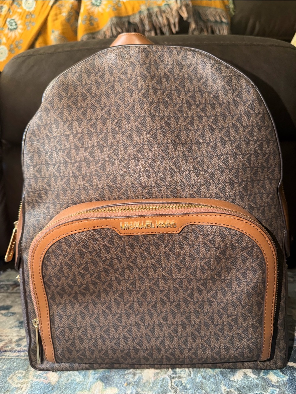 Michael Kors Brown MK Signature Backpack with Tan Trim